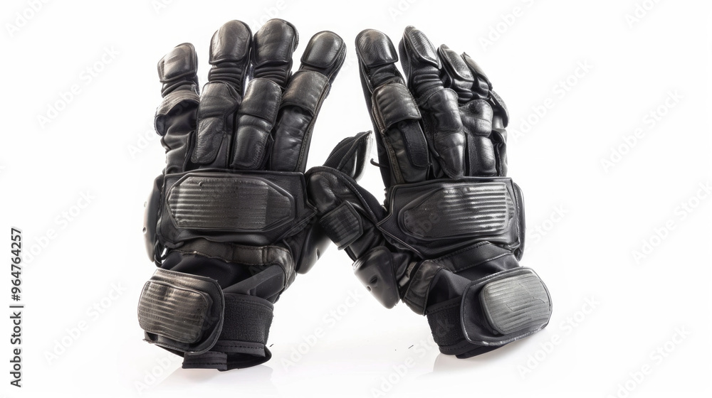 Riot Gloves: Protective gloves worn by bailiffs during riot control situations isolated on white background Riot Gloves: Protective gloves worn by bailiffs during riot control situations isolated on white background