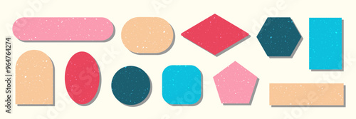 Set of Cute Colorful Geometric shapes with scratched Texture. Empty Textured frame icon sticker collection. Rectangle Ellipse Circle Text Box. Simple Modern blank Tag Label Stamp mark Badge for design