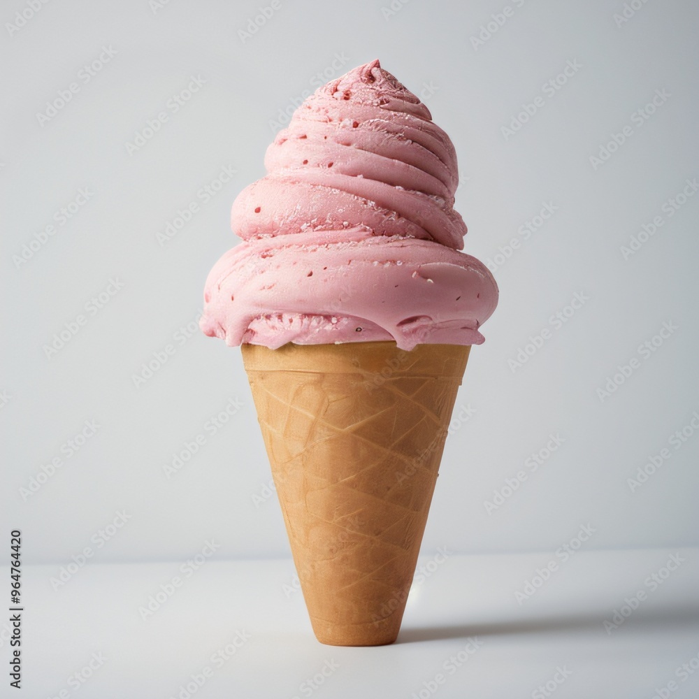Pink soft serve ice cream in a cone on white background.. Pink soft serve ice cream in a cone on white background..