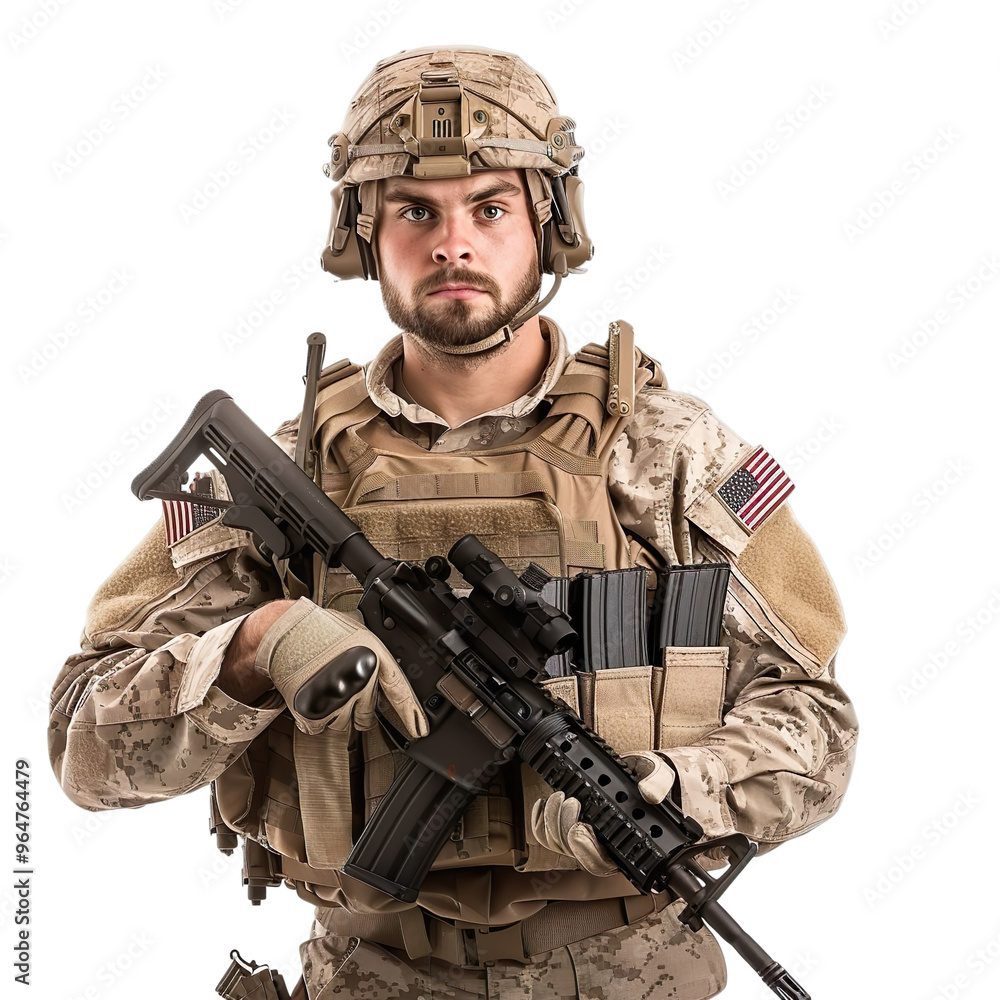 Front view Soldiers standing with rifle on a white isolated background. Front view Soldiers standing with rifle on a white isolated background.