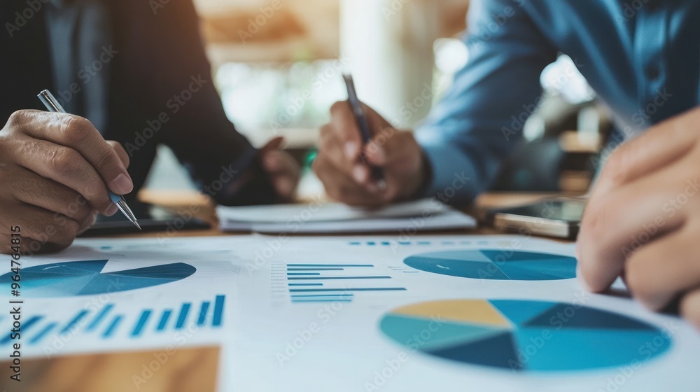A close-up of a business team working together to discuss work. Analyzing with financial data and graphs of marketing growth reports in the team. A close-up of a business team working together to discuss work. Analyzing with financial data and graphs of marketing growth reports in the team.