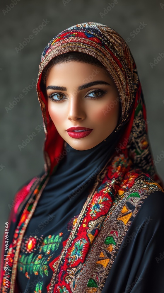 A female model showcases intricate United Arab Emirates clothing with elegance and poise A female model showcases intricate United Arab Emirates clothing with elegance and poise