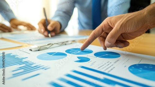  A close-up of a business team working together to discuss work. Analyzing with financial data and graphs of marketing growth reports in the team.