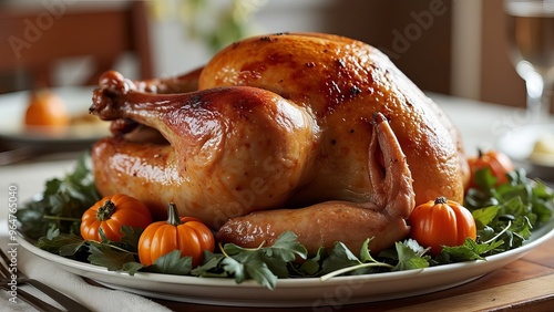 A beautifully roasted Thanksgiving turkey garnished with mini pumpkins and fresh herbs. The centerpiece of a traditional Thanksgiving feast, perfect for family gatherings.