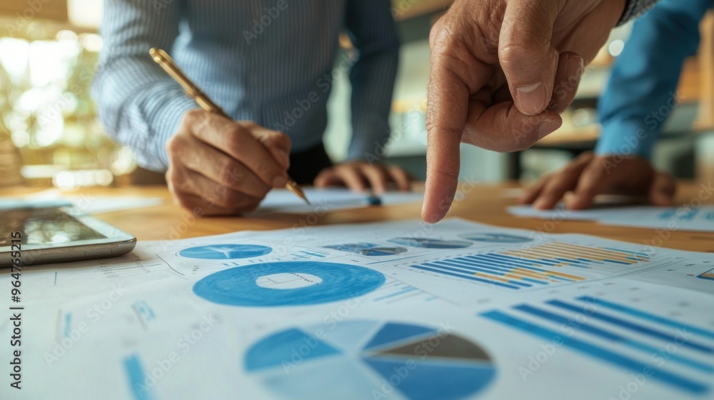 Fototapeta premium A close-up of a business team working together to discuss work. Analyzing with financial data and graphs of marketing growth reports in the team.