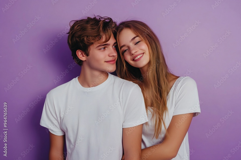 Photo portrait of lovely young guy girl look each other embrace dressed stylish white garment isolated on violet color background Photo portrait of lovely young guy girl look each other embrace dressed stylish white garment isolated on violet color background