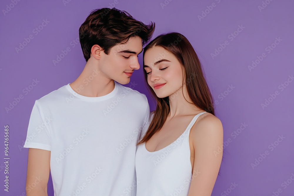 Photo portrait of lovely young guy girl look each other embrace dressed stylish white garment isolated on violet color background Photo portrait of lovely young guy girl look each other embrace dressed stylish white garment isolated on violet color background
