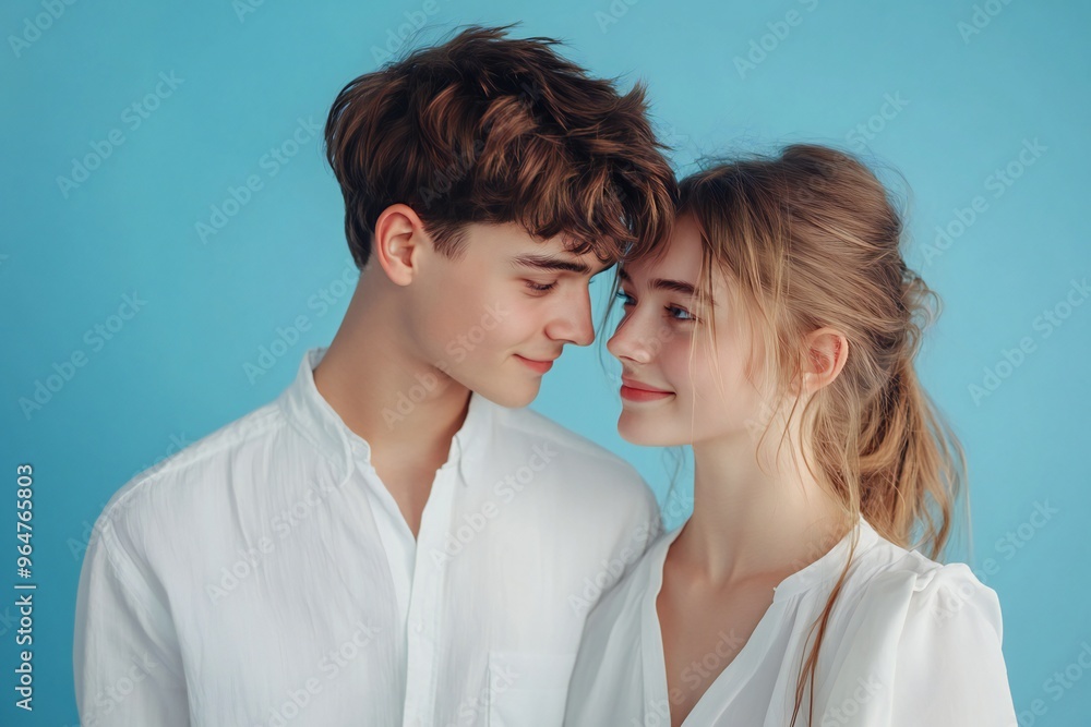 Photo portrait of lovely young guy girl look each other embrace dressed stylish white garment isolated on blue color background Photo portrait of lovely young guy girl look each other embrace dressed stylish white garment isolated on blue color background