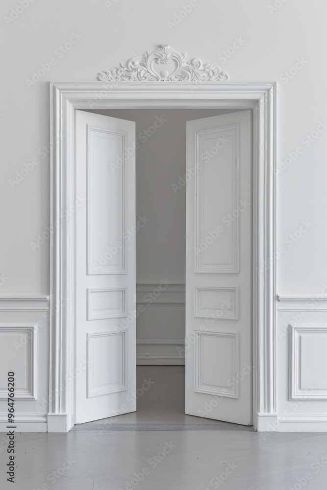 A simple, empty white room with one open door A simple, empty white room with one open door