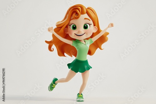 happy smiling dancing irish cartoon character young girl person portrait in 3d style design on light background. Human people feelings expression concept