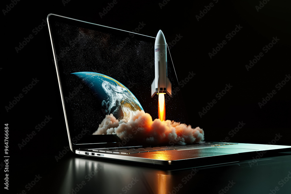 A laptop is opened to reveal a rocket launching into space. Concept of ...