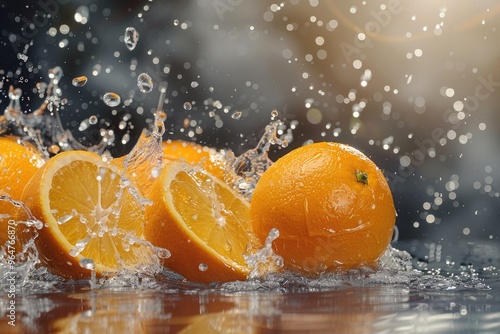 A close-up shot of a group of oranges with water splashing on them, suitable for use in food-related images or still-life photography photo