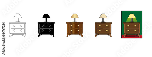 Conjunto de iconos de mesitas de noche para sitio web, folleto, app, y diseño grafico. En versión color y versión blanco y negro.