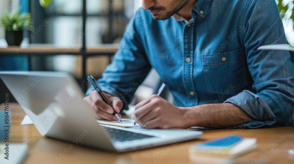 A person typing away on their laptop, with a cell phone nearby for reference A person typing away on their laptop, with a cell phone nearby for reference