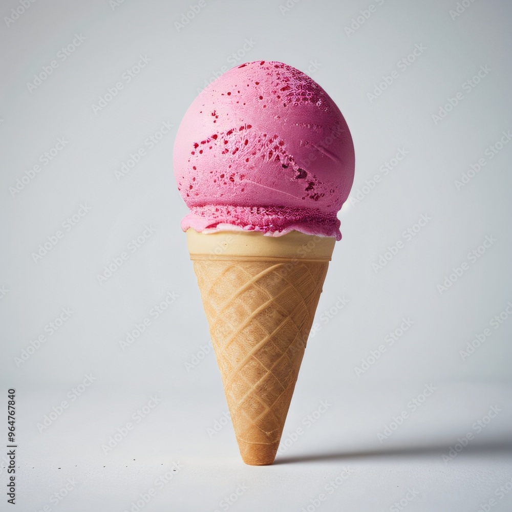 Pink soft serve ice cream in a cone on white background.. Pink soft serve ice cream in a cone on white background..