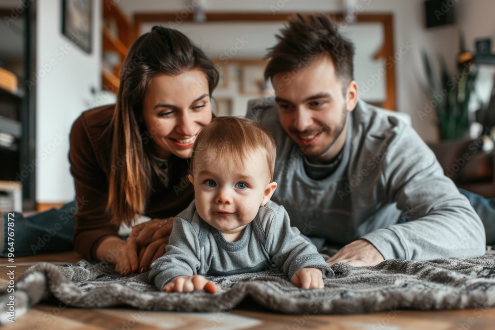 A couple holding hands with their baby lying between them on the floor A couple holding hands with their baby lying between them on the floor