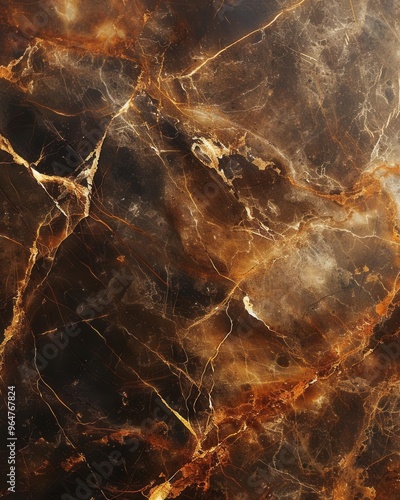 Dark chocolate brown marble with intricate white and gold veins, providing a warm and luxurious background