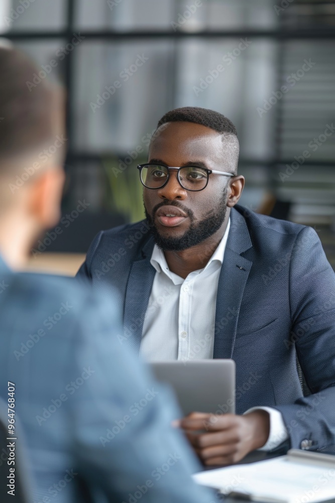 A businessman sits at a desk with a laptop, focused on his work A businessman sits at a desk with a laptop, focused on his work