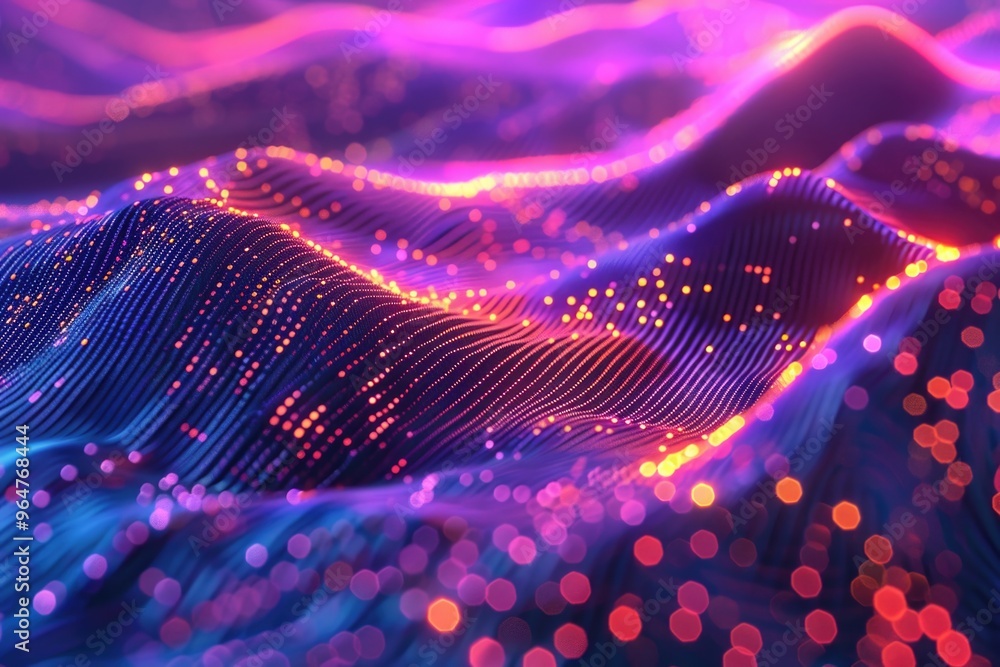 custom made wallpaper toronto digitalA stylized representation of a wave with glowing lights in the background, suitable for futuristic or technological concepts