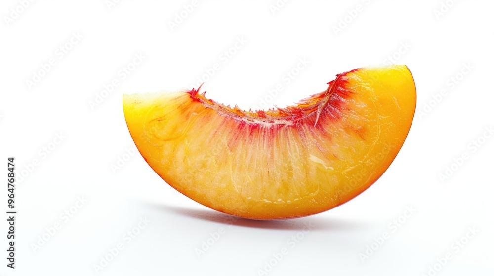 A fresh peach half lying on a clean white surface A fresh peach half lying on a clean white surface