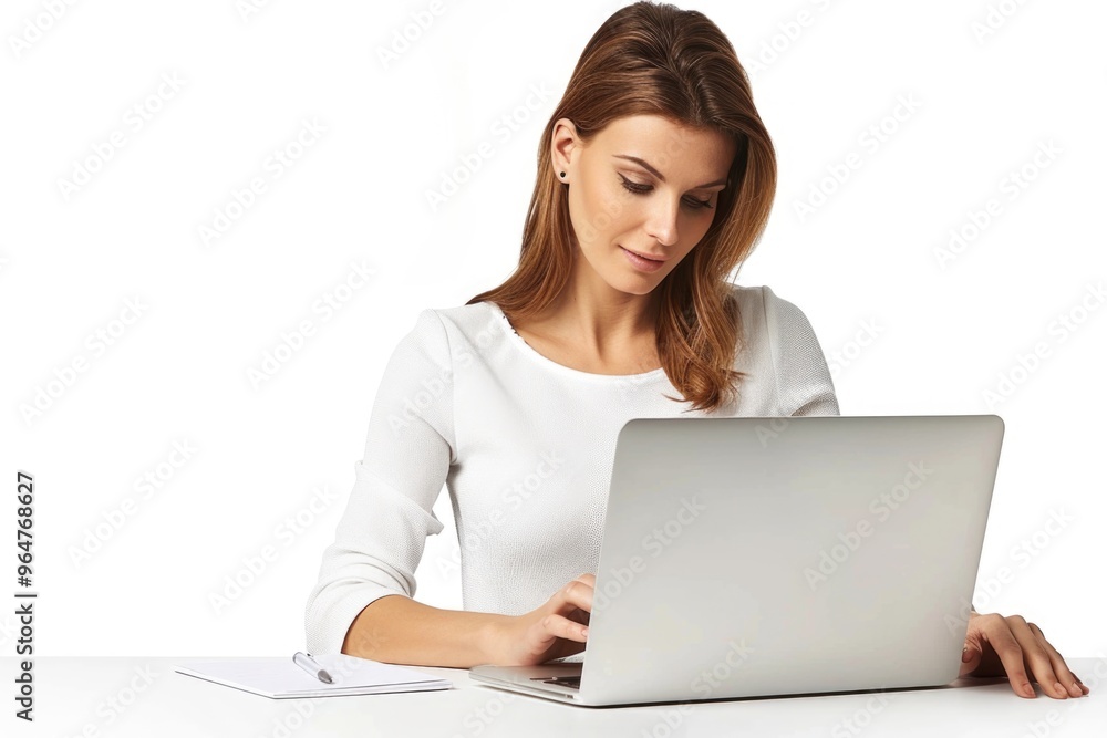 Woman sits at a desk with a laptop, typing away Woman sits at a desk with a laptop, typing away