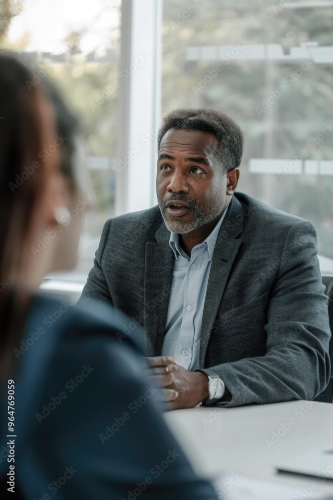 A couple sitting at a table discussing something A couple sitting at a table discussing something