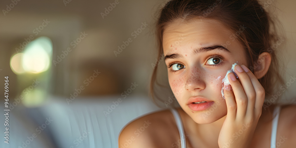 Teenage girl applying cream to her face, focusing on skincare routine in a soft, natural light setting Teenage girl applying cream to her face, focusing on skincare routine in a soft, natural light setting