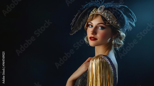 Elegant woman in vintage 1920s attire with feathered headpiece and glamorous makeup, posing against a dark background.