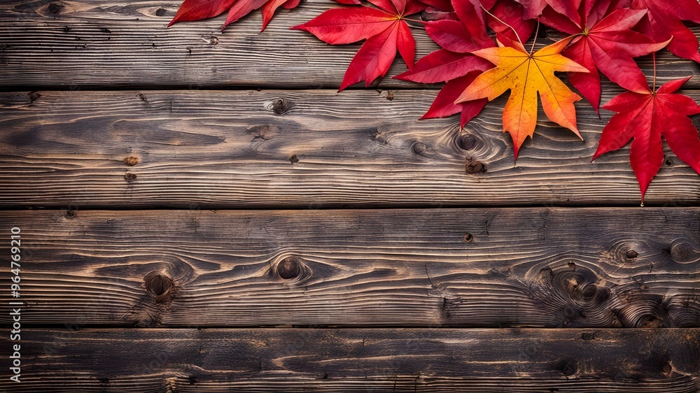 Fototapeta premium Autumn Backdrop - Wooden Table With Red Leaves and space to copy , fall season concept