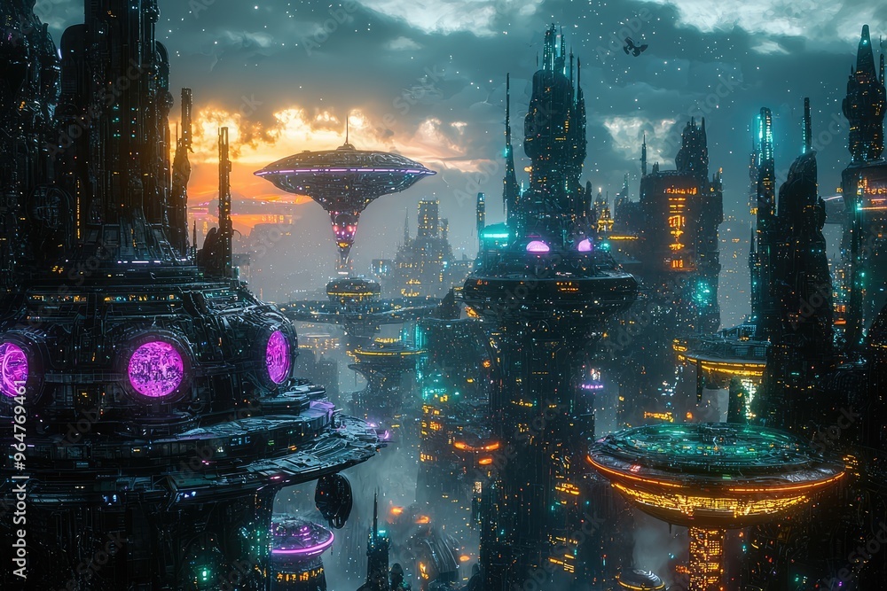 A futuristic alien city bathed in neon lights, with towering structures and flying vehicles against a starry sky. A futuristic alien city bathed in neon lights, with towering structures and flying vehicles against a starry sky.