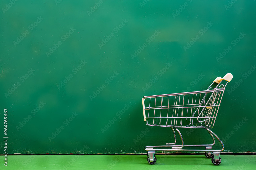 A shopping cart is sitting on a wooden surface. The cart is empty and has a green background A shopping cart is sitting on a wooden surface. The cart is empty and has a green background