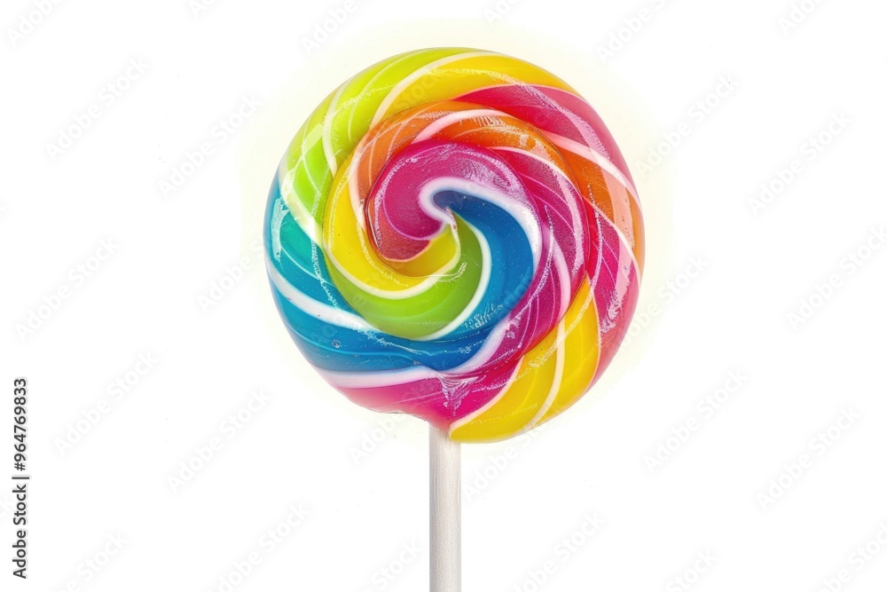A single colorful lollipop on a stick placed on a clean white background, ideal for sweet treats and candy-related designs A single colorful lollipop on a stick placed on a clean white background, ideal for sweet treats and candy-related designs
