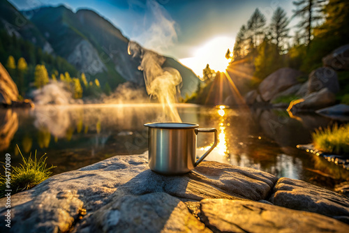 A cup of coffee is sitting on a rock by a lake. The sun is shining on the water, creating a beautiful reflection. The scene is peaceful and serene, with the sound of the water photo