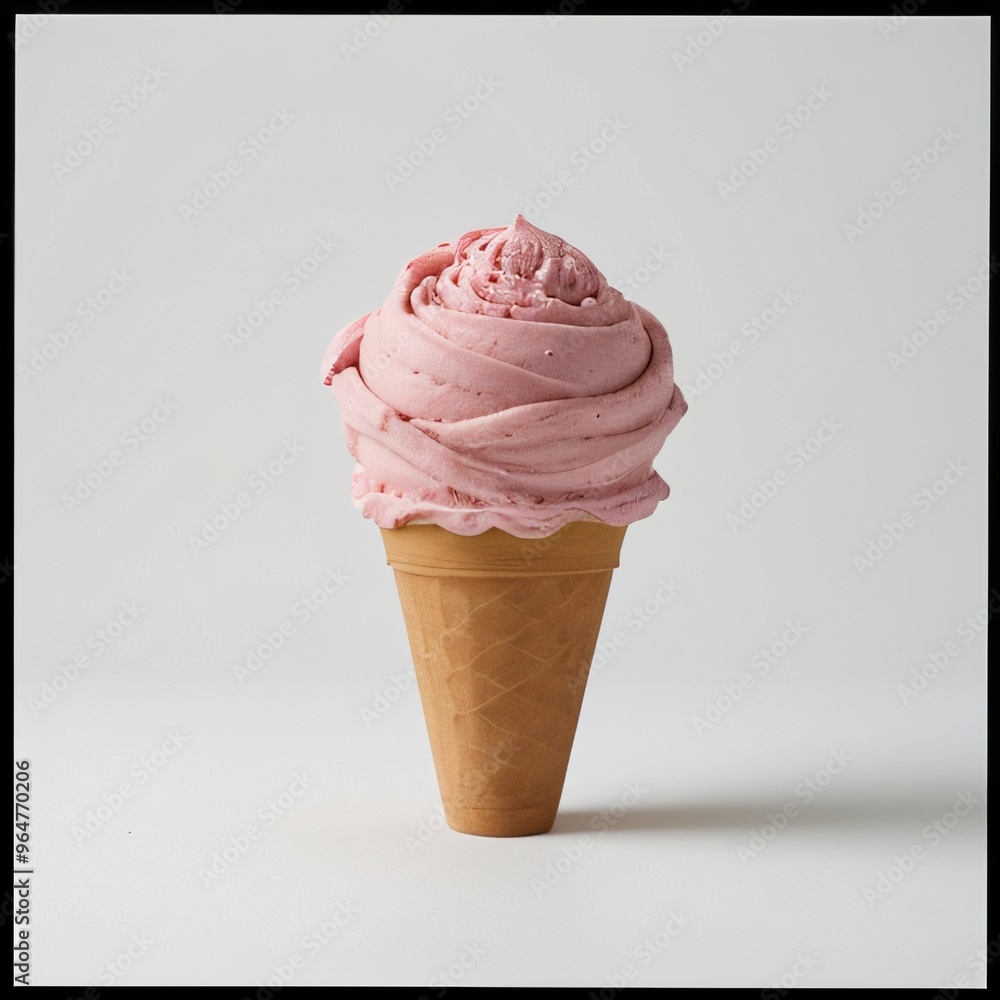 Pink soft serve ice cream in a cone on white background.. Pink soft serve ice cream in a cone on white background..