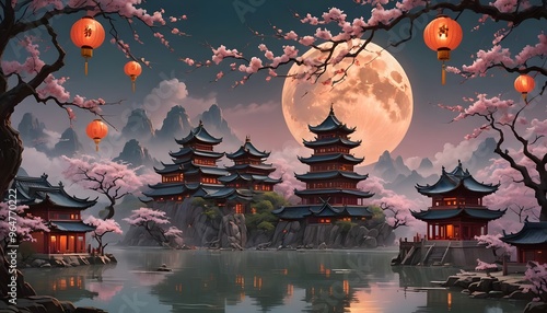 A calm moonlit lake with traditional pagodas on the shore, surrounded by cherry blossoms and mountains in the background, creating a peaceful, scenic panorama. photo