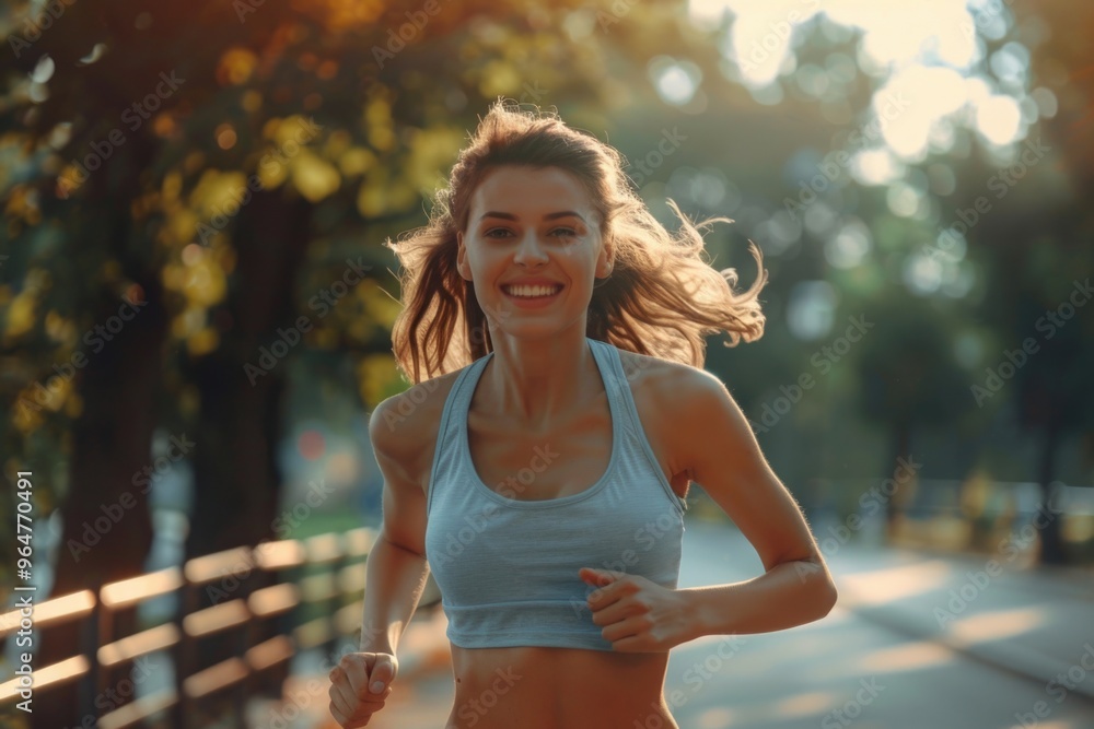A woman is running in a park on a sunny day A woman is running in a park on a sunny day