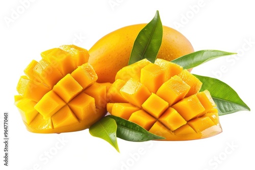 A pair of ripe mangoes sit together, their vibrant yellow and orange colors contrasting against a neutral background