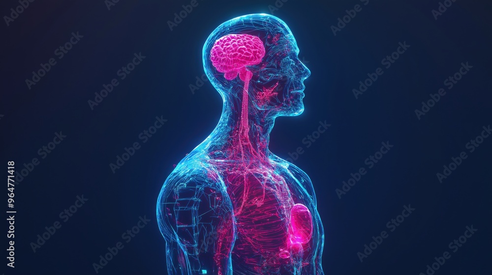 Cybernetic human with neon glass organs in surrealism Cybernetic human with neon glass organs in surrealism