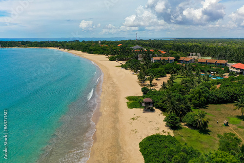 Aerial view of beach, ocean and hotels in Pasikuda, Sri Lanka