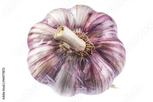 A close up shot of a garlic head on a white background, ideal for cooking and food related uses photo