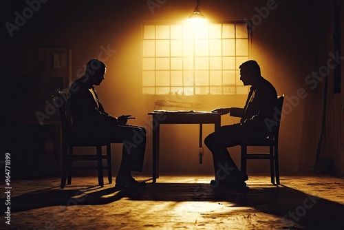 In the Shadows of Truth: A Detective Grills a Suspect in a Dimly Lit Room, Their Silhouettes Cast Long Shadows Across the Floor, Whispering of Secrets Untold.