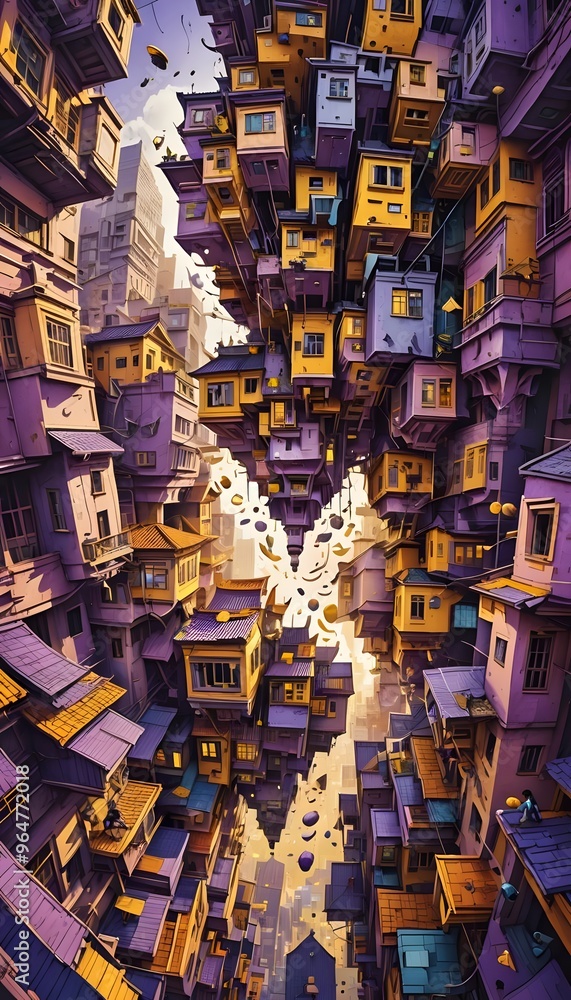 A stunning illustration of a dense urban canyon filled with colorful, stacked structures, giving a sense of chaotic yet fascinating city life viewed from an intriguing angle. A stunning illustration of a dense urban canyon filled with colorful, stacked structures, giving a sense of chaotic yet fascinating city life viewed from an intriguing angle.
