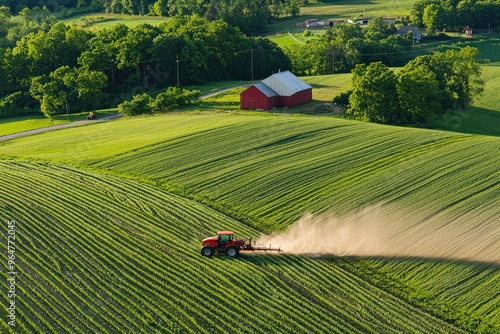 A Tractor Spreads Fertilizer Across Rolling Green Farmland, Creating a Dusty Trail in its Wake. photo