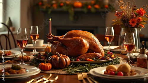 A beautifully decorated Thanksgiving dinner table setting with a roasted turkey as the centerpiece. The table is adorned with pumpkins, wine glasses, and autumnal foliage. The warm, inviting atmospher