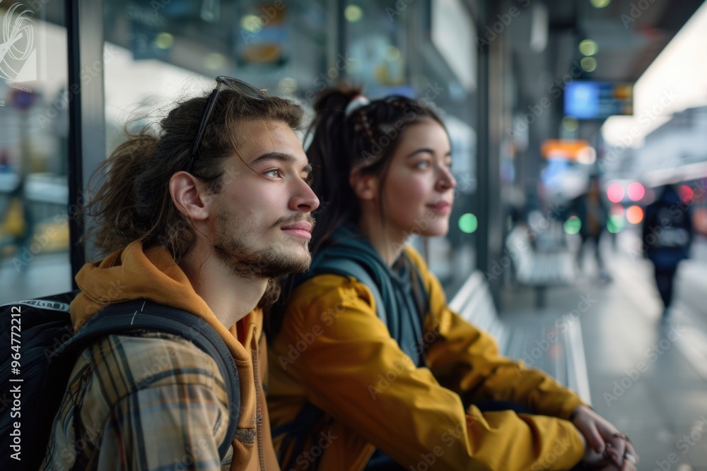 Couple waiting at a bus stop, one of the most common places to meet and catch up Couple waiting at a bus stop, one of the most common places to meet and catch up
