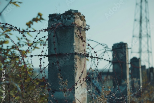 A barbed wire fence with a building visible in the background photo