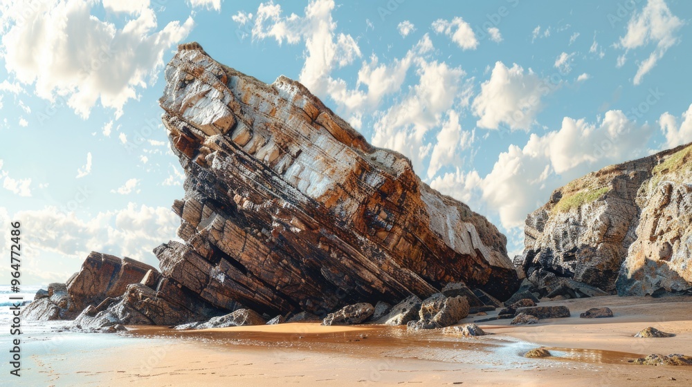 A large rock sits atop a sandy beach, with waves crashing in the background A large rock sits atop a sandy beach, with waves crashing in the background