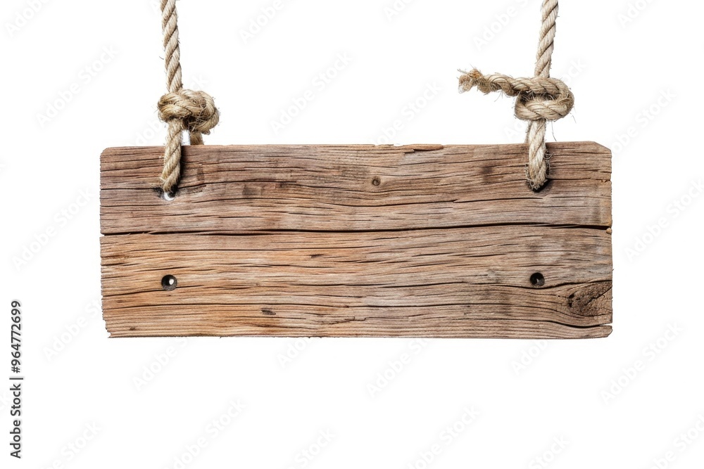 A rustic wooden sign hangs from a rope, perfect for outdoor or rustic-themed settings A rustic wooden sign hangs from a rope, perfect for outdoor or rustic-themed settings
