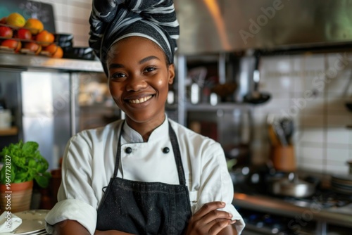 A woman wearing an apron and chef's hat is working in a kitchen photo