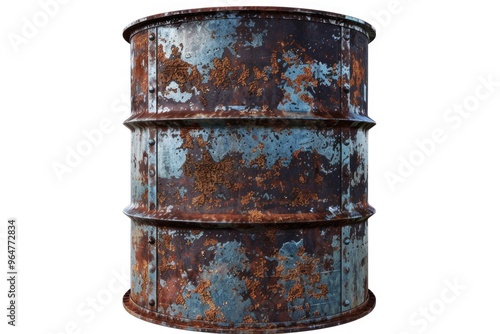 A rusty metal barrel sits atop a white surface, perfect for use in still life or industrial-themed compositions